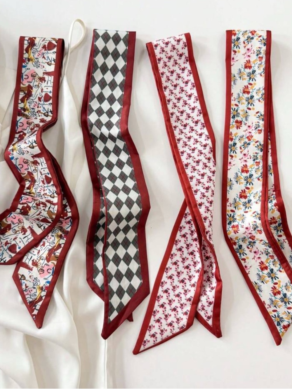 Red-Trim Floral and Geometric Hair Scarf Set